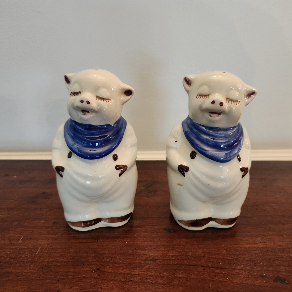 Vintage Shawnee Smiley Pig Salt and Pepper Shakers with Blue Scarves